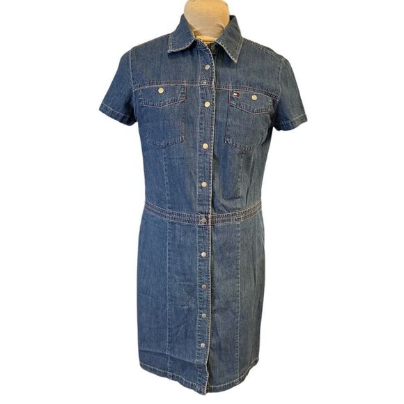 Tommy Hilfiger Women’s Denim Dress Sz. 12 Snap Button Front Short Sleeve - Picture 1 of 11